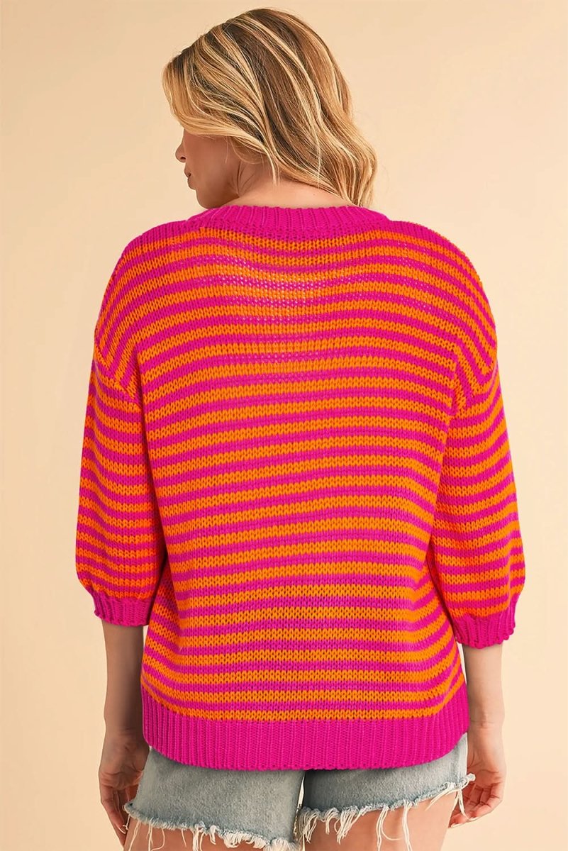 Chic Rose Striped 3/4 Puff Sleeve Drop Shoulder Knit Sweater - Love Salve